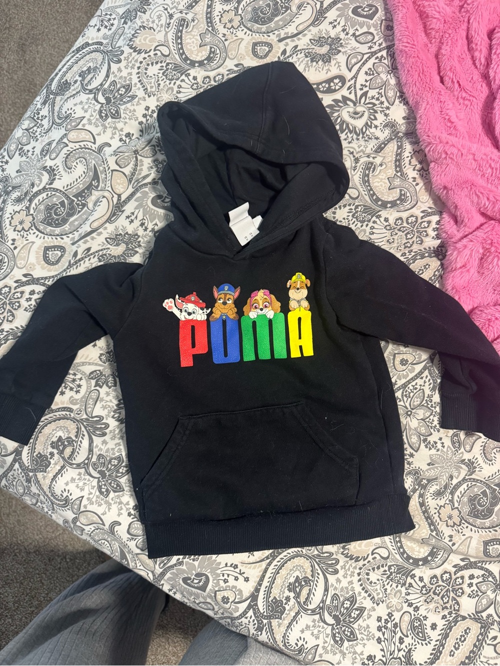 Puma Black Kids Hoodie with Rainbow Lettering and Character Accents